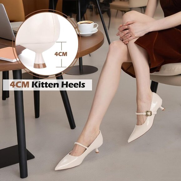 🆕Women's Beige Vintage Pointed Slip On Pumps  Mary Jane Low Kitten Heel Shoes - Picture 5 of 8